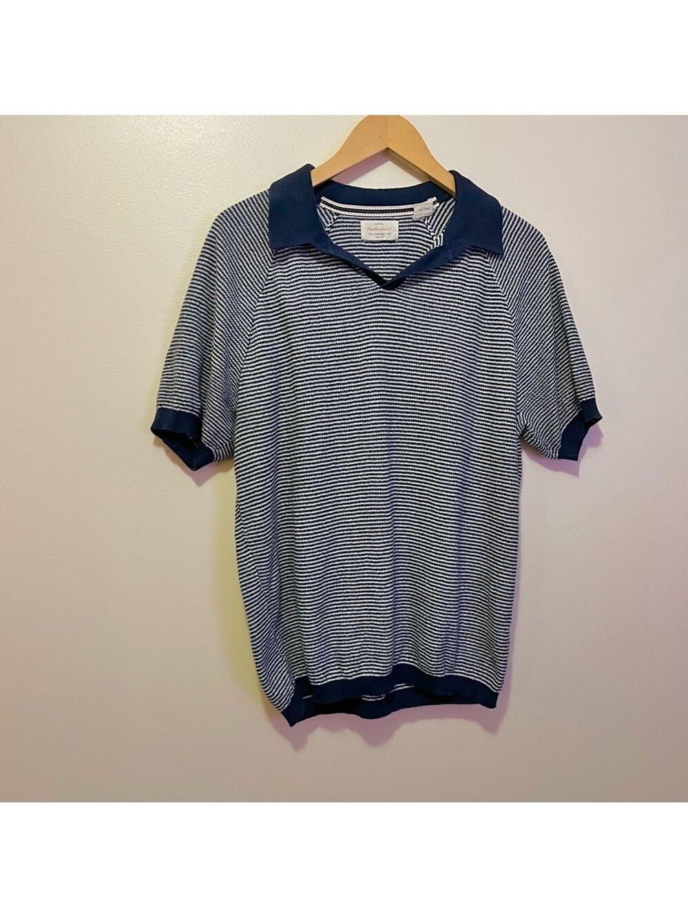 Weatherproof Vintage Navy and White Striped Polo Sweater Short Sleeve Preppy M